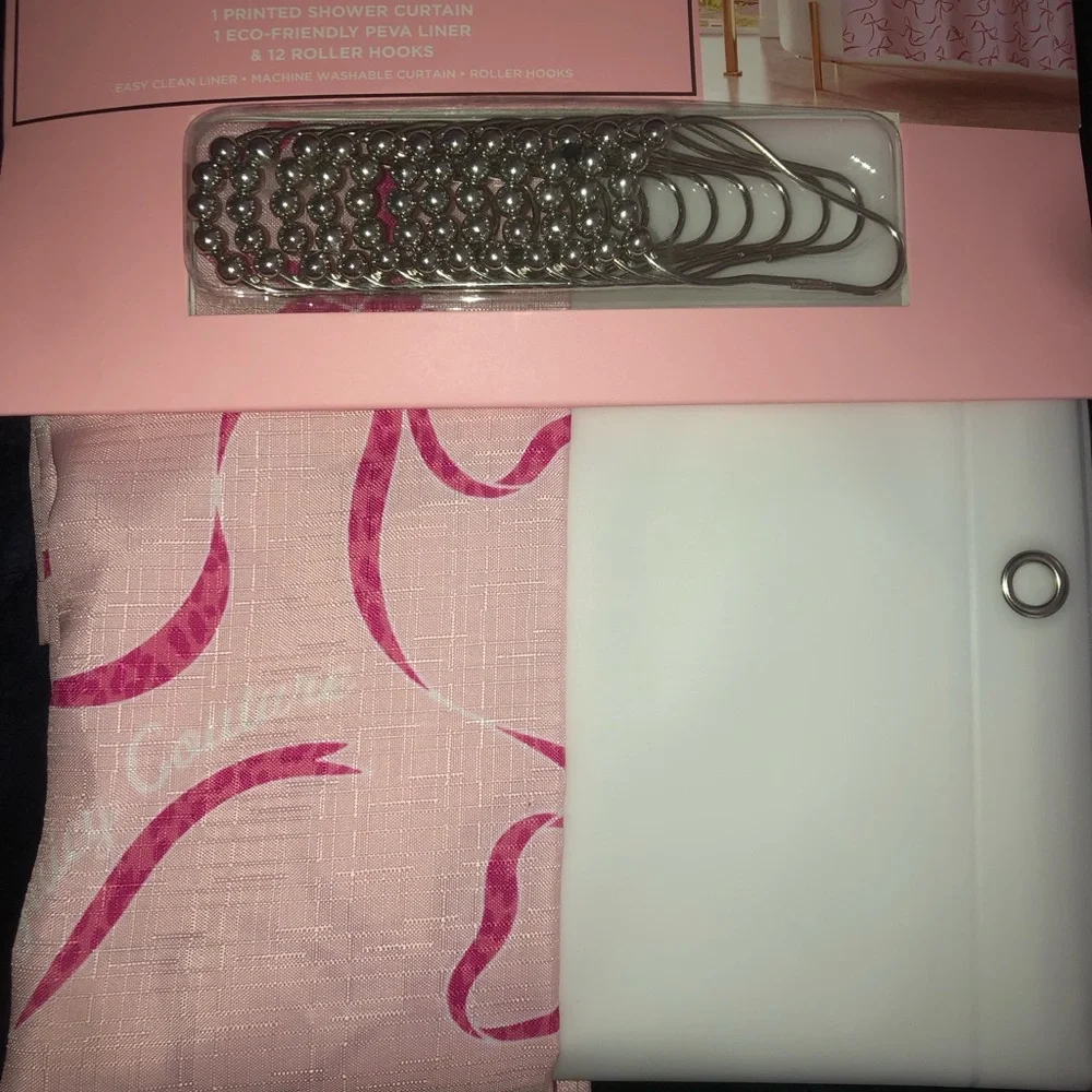 🎀 Juicy Couture Pink Bow Shower Curtain Set with Silver Hooks